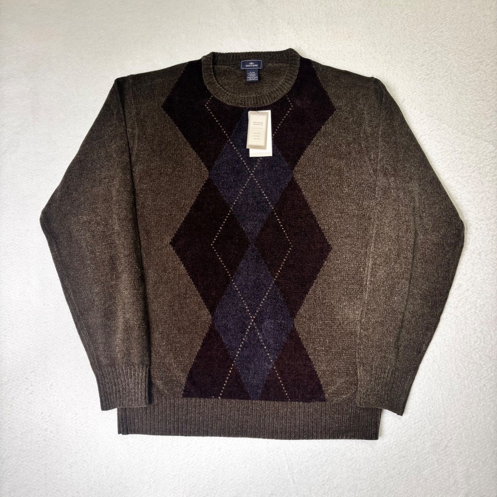 Dockers Chenille Argyle Crewneck Sweater XL NWT Brown Blue Textured - Picture 1 of 7